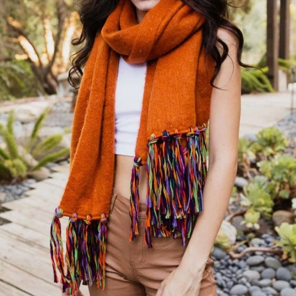 Frayed Border Bohemian Orange Scarf with Multicolor Fringe.